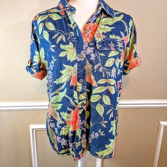 Tropical Short Sleeve Denim Button Down Collared Floral Top - Picture 1 of 6